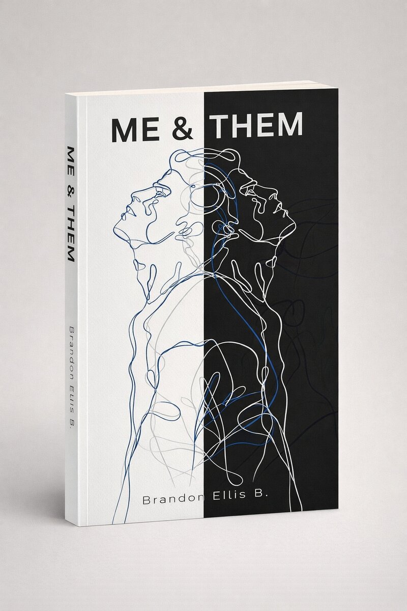 ME & THEM: A Place of Words — poetry book cover featuring abstract design in black, white, and blue